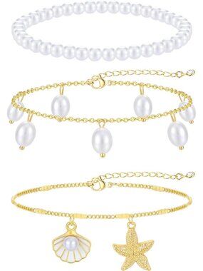 Women's Gold And White 2 Waterproof Cuban Link Chain Layered Anklet Bracelets